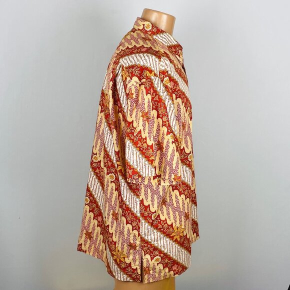 Vtg Keris Fashion Batik Print Shirt Sz 3XL Red Yellow Floral Boho Artsy Tropical - Picture 3 of 6